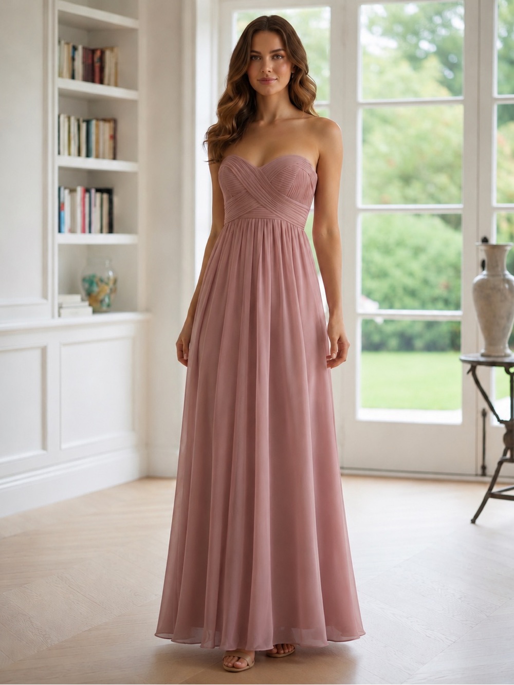 Aryn K Strapless Dusty Rose Chiffon Dress – Pleated Bust Maxi Small